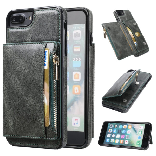 Zipper Wallet Bag PU Back Cover Shockrpoof Phone Case with Holder & Card Slots & Wallet For iPhone 7 Plus / 8 Plus(Green)