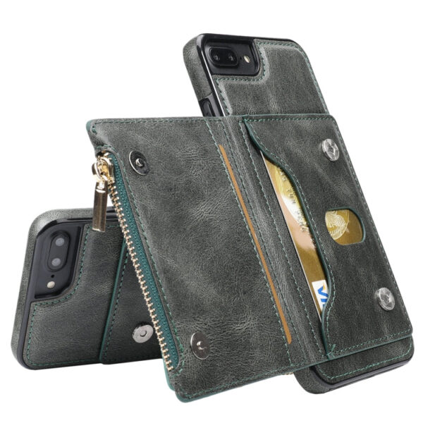 Zipper Wallet Bag PU Back Cover Shockrpoof Phone Case with Holder & Card Slots & Wallet For iPhone 7 Plus / 8 Plus(Green) - Image 2