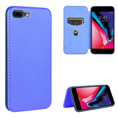 For iPhone 7 Plus / 8 Plus Carbon Fiber Texture Horizontal Flip TPU + PC + PU Leather Case with Card Slot(Blue)