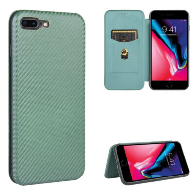 For iPhone 7 Plus / 8 Plus Carbon Fiber Texture Horizontal Flip TPU + PC + PU Leather Case with Card Slot(Green)