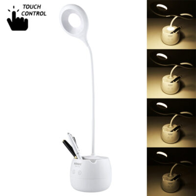 TGX-772 3-grade Brightness Touch Dimmer LED Desk Lamp, 28 LEDs Flexible Goose Neck Hollow Ring Design Eye Protection Light with Pen Holder / Small Night Light Function