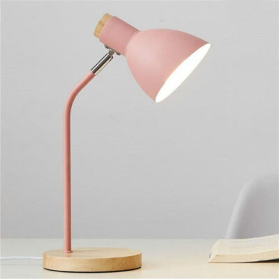 E27 Button Switch Wood Table Lamp Metal Shade Desk Light Bedside Reading Book Light Home Decor, Light Source:Normal Bulb(Pink)