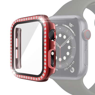 Electroplating PC Single Row Diamond Protective Case with Tempered Glass Film For Apple Watch Series 3 & 2 & 1 42mm(Red)